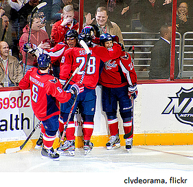 Hockey team celebrating with same uniforms