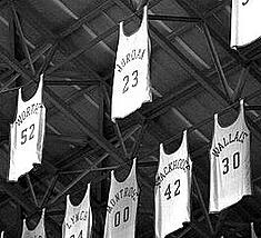 Retired players' jerseys hanging from the rafters