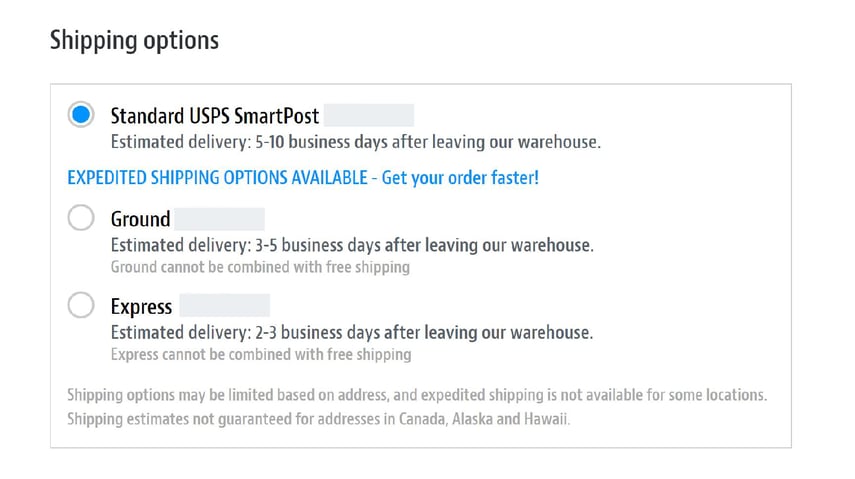 Shopping Cart - Estimated Delivery Timeline