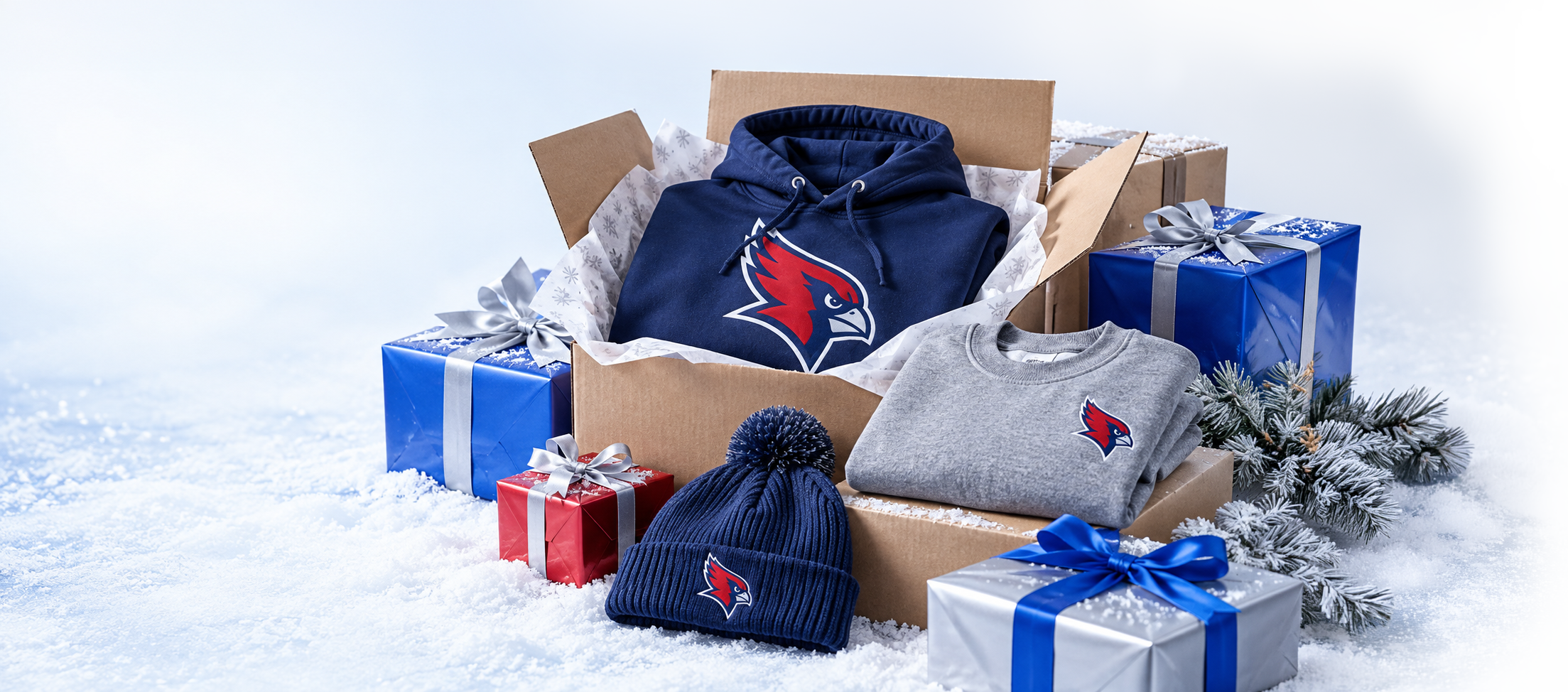 Shipping boxes, team spirit wear, and holiday presents