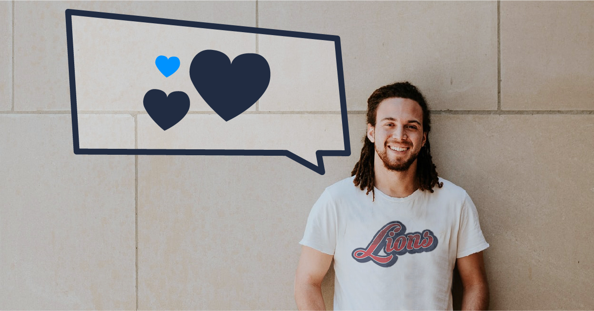 Man wearing custom tee shirt smiling with review bubble